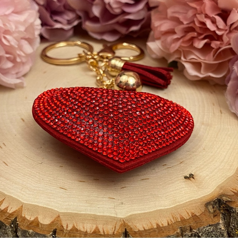 Red Rhinestone Heart Pendant with Tassel Keychain Charm - Picture 6 of 9